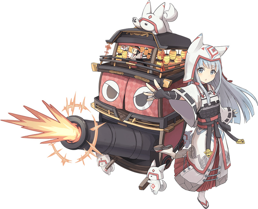 animal_ears armor armored_dress black_gloves cannon dog_ears dress fang fingerless_gloves firing full_body gloves grey_eyes hat hat_with_ears inuyama_(oshiro_project) isegawa_yasutaka long_hair looking_at_viewer official_art open_mouth oshiro_project silver_hair smile transparent_background