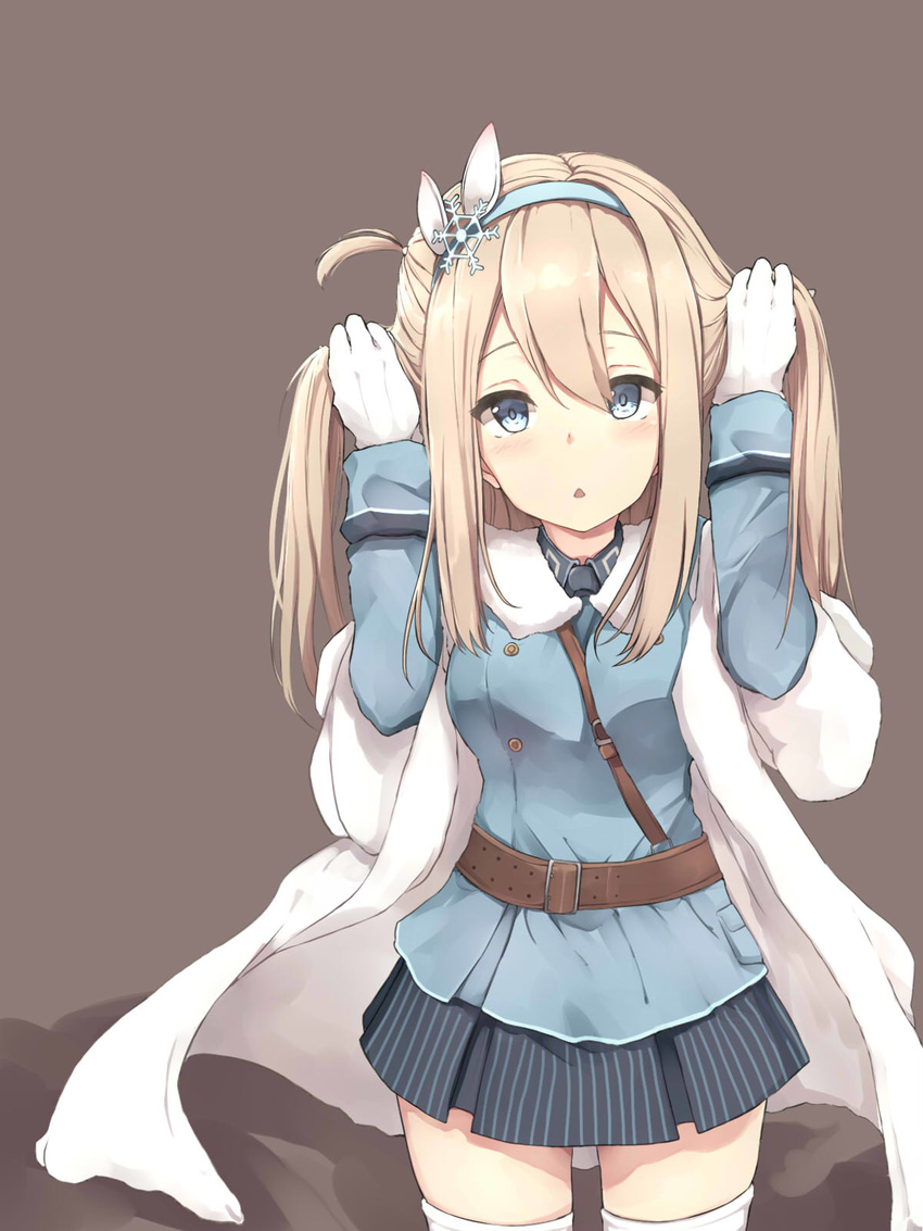ahokoo bangs belt between_breasts black_skirt blonde_hair blue_eyes blue_skirt blush breasts brown_background bunching_hair commentary cowboy_shot fur_collar girls_frontline hair_between_eyes hair_ornament hairband highres long_hair looking_at_viewer medium_breasts military military_uniform miniskirt open_mouth sidelocks simple_background skirt snowflake_hair_ornament solo strap_cleavage striped suomi_kp31_(girls_frontline) thighhighs triangle_mouth twintails uniform vertical-striped_skirt vertical_stripes white_legwear zettai_ryouiki