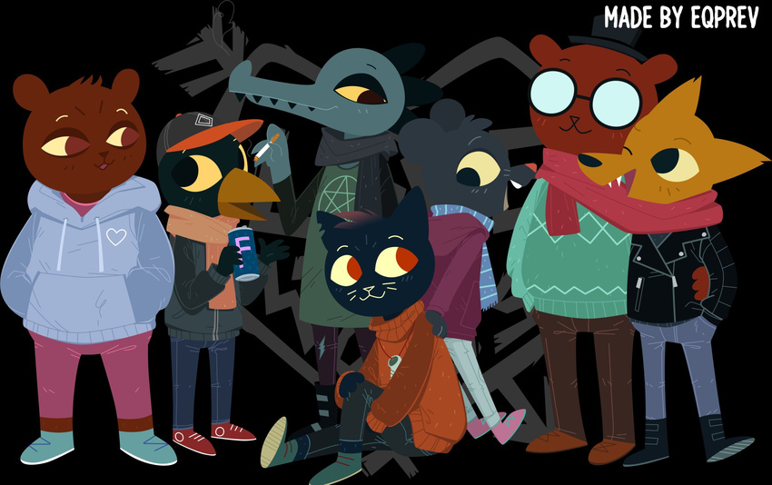 absurd_res aged_up alligator alternate_version_available angus_(nitw) avian bea_(nitw) bear beverage bird canine cat cigarette clothed clothing crocodilian equestria_prevails_(artist) eye_contact feline female fox fully_clothed germ_(nitw) gregg_(nitw) group hat hi_res hoodie jewelry lori_m._(nitw) mae_(nitw) male mammal mouse necklace night_in_the_woods reptile rodent romantic_couple scalie scarf selmers_(nitw) smile smoking soda sweater