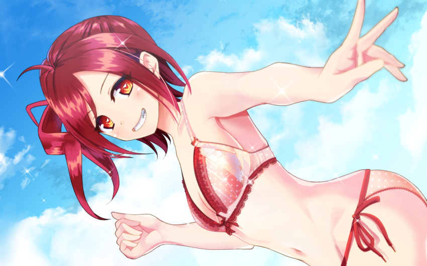 bikini cloud commentary_request day grin highres looking_at_viewer navel red_eyes red_hair saki shishihara_sawaya side-tie_bikini side_ponytail sky smile solo swimsuit zerodo