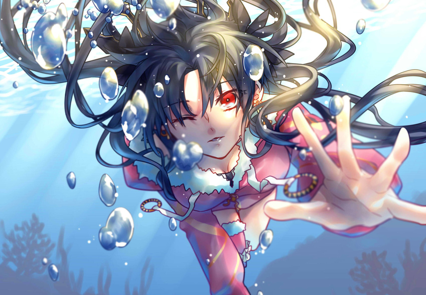 ;) air_bubble black_hair breasts bubble commentary dress earrings fate/grand_order fate_(series) foreshortening freediving fur_trim highres hoop_earrings ishtar_(fate/grand_order) ishtar_(swimsuit_rider)_(fate) jewelry long_hair long_sleeves looking_at_viewer medium_breasts one_eye_closed open_hand outstretched_arm parted_lips pink_dress pink_legwear reaching reaching_out red_eyes short_dress single_thighhigh smile solo spread_fingers submerged thighhighs two_side_up underwater yuu+1