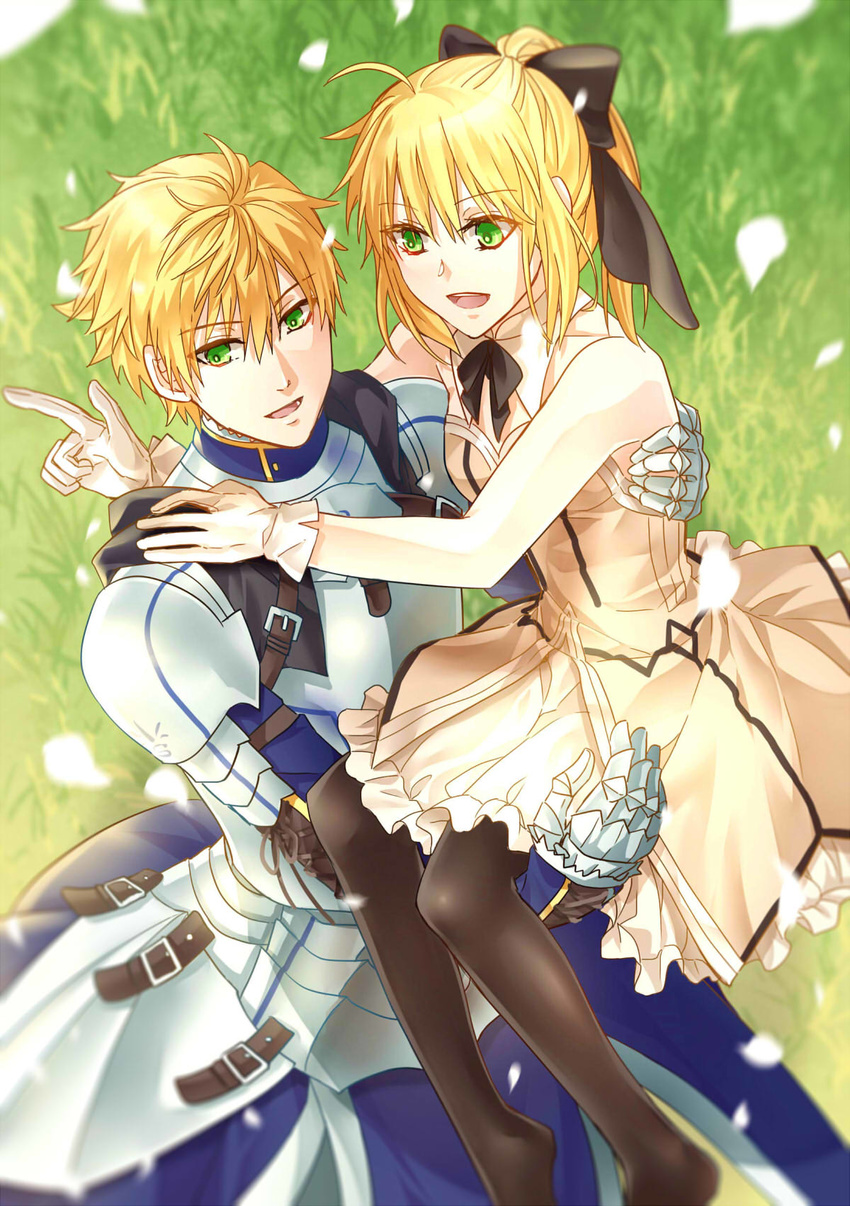 1girl :d armor arthur_pendragon_(fate) artoria_pendragon_(all) bangs bare_shoulders black_bow black_legwear blonde_hair bow breasts carrying commentary_request dress dual_persona fate/prototype fate/stay_night fate/unlimited_codes fate_(series) green_eyes hair_between_eyes hair_bow highres long_hair open_mouth pantyhose petals ponytail princess_carry saber_lily short_hair small_breasts smile standing white_dress yuu+1