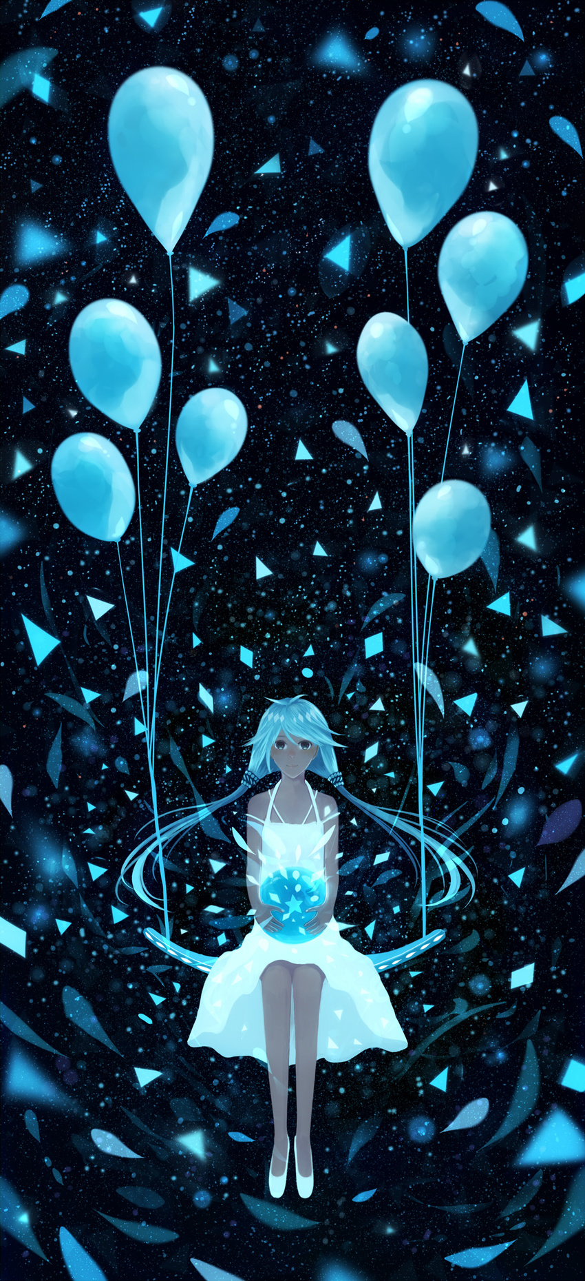 absurdres balloon bare_arms bare_legs bare_shoulders blue_hair commentary_request dress fantasy highres holding light_smile long_hair looking_at_viewer night night_sky original sakimori_(hououbds) scenery shoes sitting sky smile solo sphere star_(sky) starry_sky sundress white_dress white_footwear