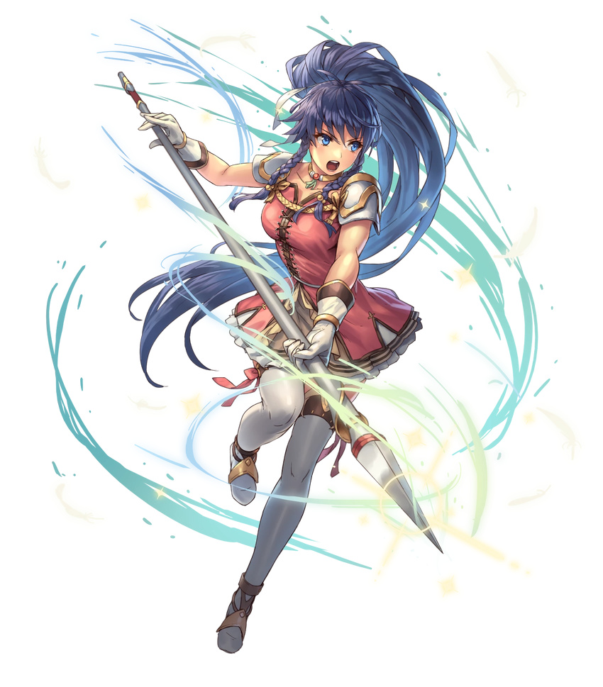 armor bangs blue_eyes blue_hair boots braid breasts collar collarbone cuboon dress eyebrows_visible_through_hair fire_emblem fire_emblem:_seima_no_kouseki fire_emblem_heroes full_body gloves highres holding holding_weapon large_breasts leg_up lips long_hair official_art open_mouth pauldrons pink_dress polearm ponytail short_dress solo tana thighhighs transparent_background weapon white_footwear zettai_ryouiki