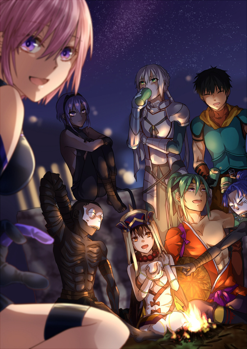 4girls :d ^_^ abs anger_vein arash_(fate) armor assassin_(fate/zero) bare_shoulders beads bedivere blush breasts campfire closed_eyes commentary dark_skin drinking fate/grand_order fate_(series) female_assassin_(fate/zero) full_armor hairband hassan_of_serenity_(fate) hat highres looking_at_another looking_at_viewer looking_away mash_kyrielight mask medium_breasts multiple_boys multiple_girls night night_sky open_mouth prayer_beads short_hair sideboob sitting sky smile star_(sky) starry_sky tawara_touta_(fate/grand_order) true_assassin vambraces xuanzang_(fate/grand_order) yuu+1