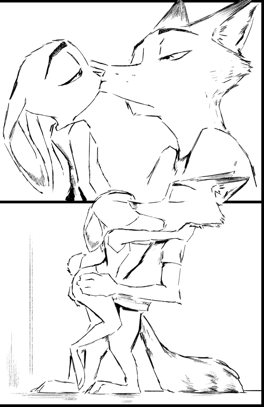 2017 anthro barefoot black_and_white bottomless butt canine clothed clothing dipstick_ears disney duo english_text female fox half-closed_eyes hand_on_butt judy_hopps kissing lagomorph male male/female mammal monochrome nick_wilde rabbit simple_background text thewyvernsweaver white_background zootopia