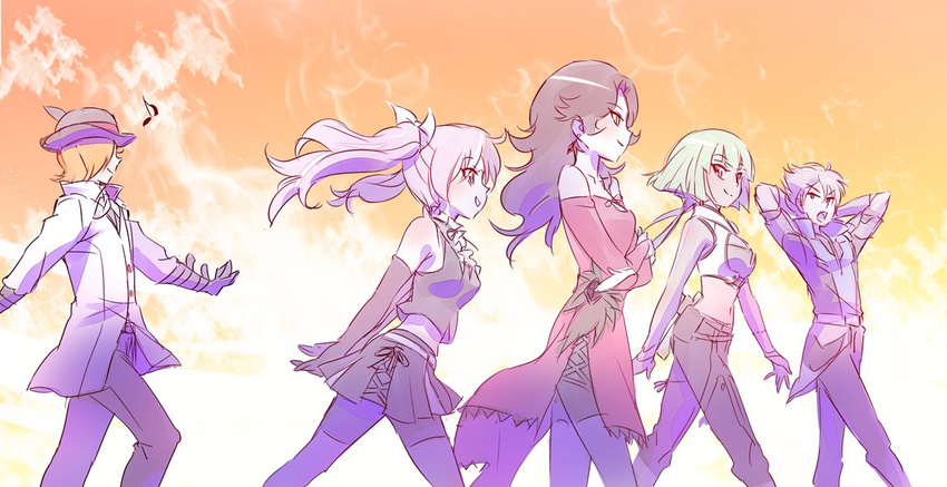 3girls brown_sky cinder_fall commentary_request eighth_note emerald_sustrai iesupa mercury_black multiple_boys multiple_girls music musical_note navel neo_(rwby) roman_torchwick rwby short_hair_with_long_locks singing twintails