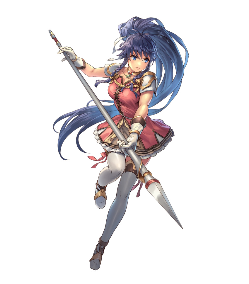 armor bangs blue_eyes blue_hair boots braid breasts collar collarbone cuboon dress eyebrows_visible_through_hair fire_emblem fire_emblem:_seima_no_kouseki fire_emblem_heroes full_body gloves highres holding holding_weapon large_breasts leg_up lips long_hair looking_away official_art pauldrons pink_dress polearm ponytail serious short_dress solo tana thighhighs transparent_background very_long_hair weapon white_footwear zettai_ryouiki