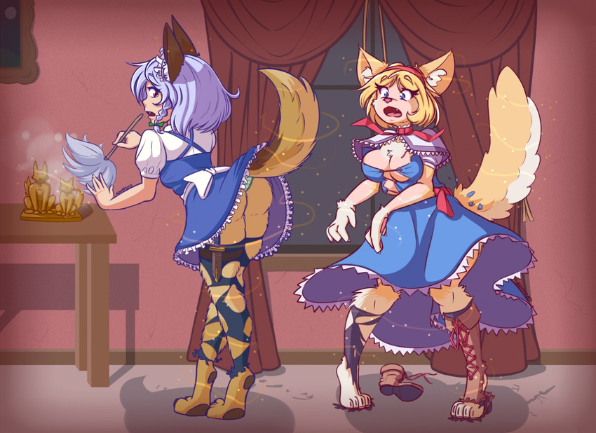 4_breasts alice_margatroid animal_humanoid blonde_hair blue_eyes breast_expansion breasts brown_eyes butt canine cleaning clothing dog dress duo feline female furdynamo german_shepherd hair humanoid mammal manor multi_breast open_mouth pink_hair raised_tail sakuya_izayoi standing surprise tail_growth torn_clothing touhou transformation