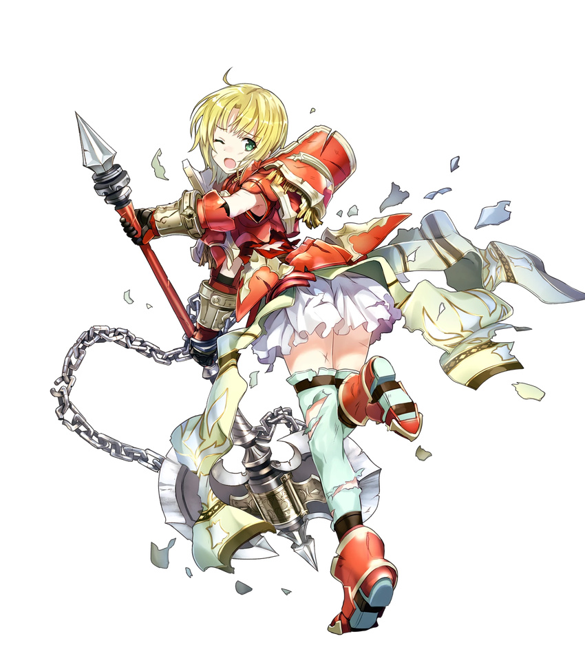 amagai_tarou amelia_(fire_emblem) armor ass axe bangs battle_axe blonde_hair broken broken_armor broken_chain broken_weapon chain eyebrows_visible_through_hair fire_emblem fire_emblem:_seima_no_kouseki fire_emblem_heroes full_body gauntlets green_eyes highres huge_weapon leg_up looking_back official_art one_eye_closed open_mouth scar short_hair shoulder_armor skirt solo thighhighs torn_clothes transparent_background weapon white_legwear zettai_ryouiki