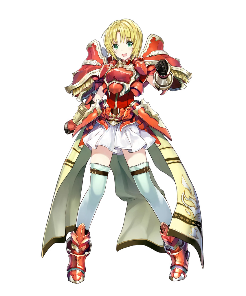 amagai_tarou amelia_(fire_emblem) armor bangs blonde_hair breastplate eyebrows_visible_through_hair fire_emblem fire_emblem:_seima_no_kouseki fire_emblem_heroes full_body gauntlets greaves green_eyes highres looking_at_viewer official_art open_mouth short_hair skirt smile solo standing thighhighs transparent_background zettai_ryouiki