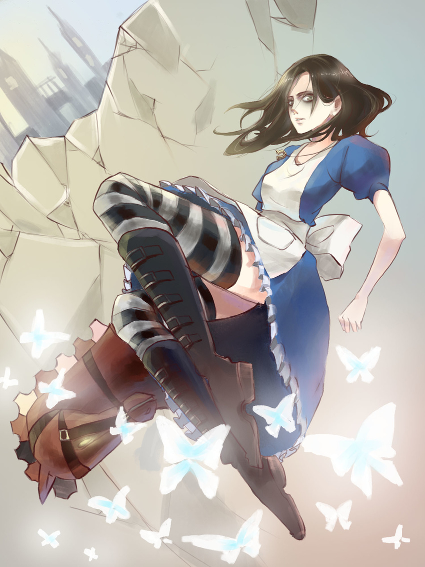 alice:_madness_returns alice_(wonderland) alice_in_wonderland american_mcgee's_alice apron black_hair dress fumiko_(yayayale23) highres long_hair solo striped striped_legwear thighhighs