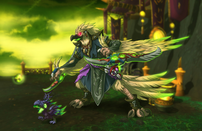 anthro arrakoa avian beak bird clothed clothing digital_media_(artwork) feathers holding_object holding_weapon jewelry mammal melee_weapon necklace open_mouth screencap skull solo standing talons video_games warcraft weapon wings xuza