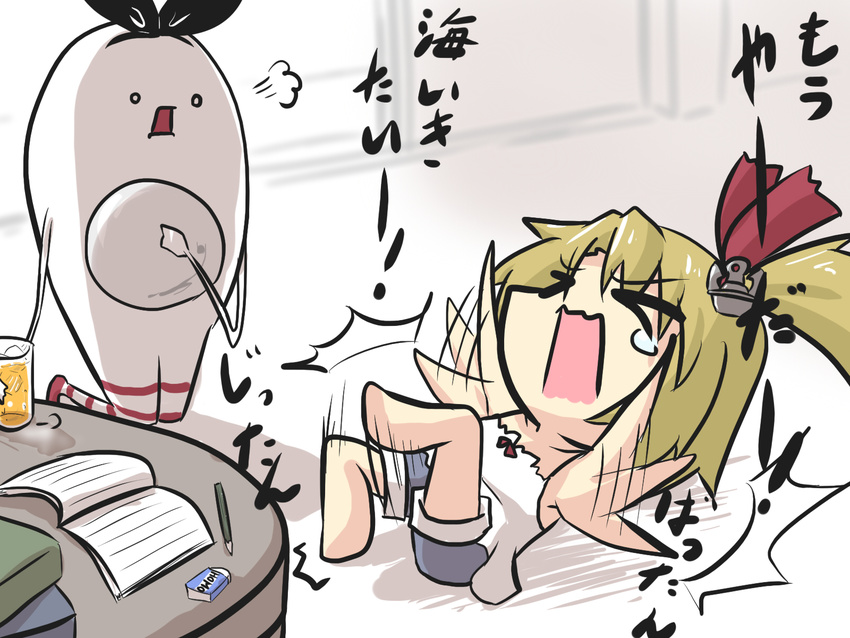 &gt;_&lt; anchor_hair_ornament bare_arms blonde_hair comic commentary_request eraser goma_(gomasamune) hair_ornament hair_ribbon highres juice kantai_collection kneeling lying mikoto_freesia_scarlet multiple_girls notebook on_back open_mouth pencil plate ribbon shimakaze_(kantai_collection) shimakaze_(seal) shorts side_ponytail table tantrum tearing_up touhou translation_request window