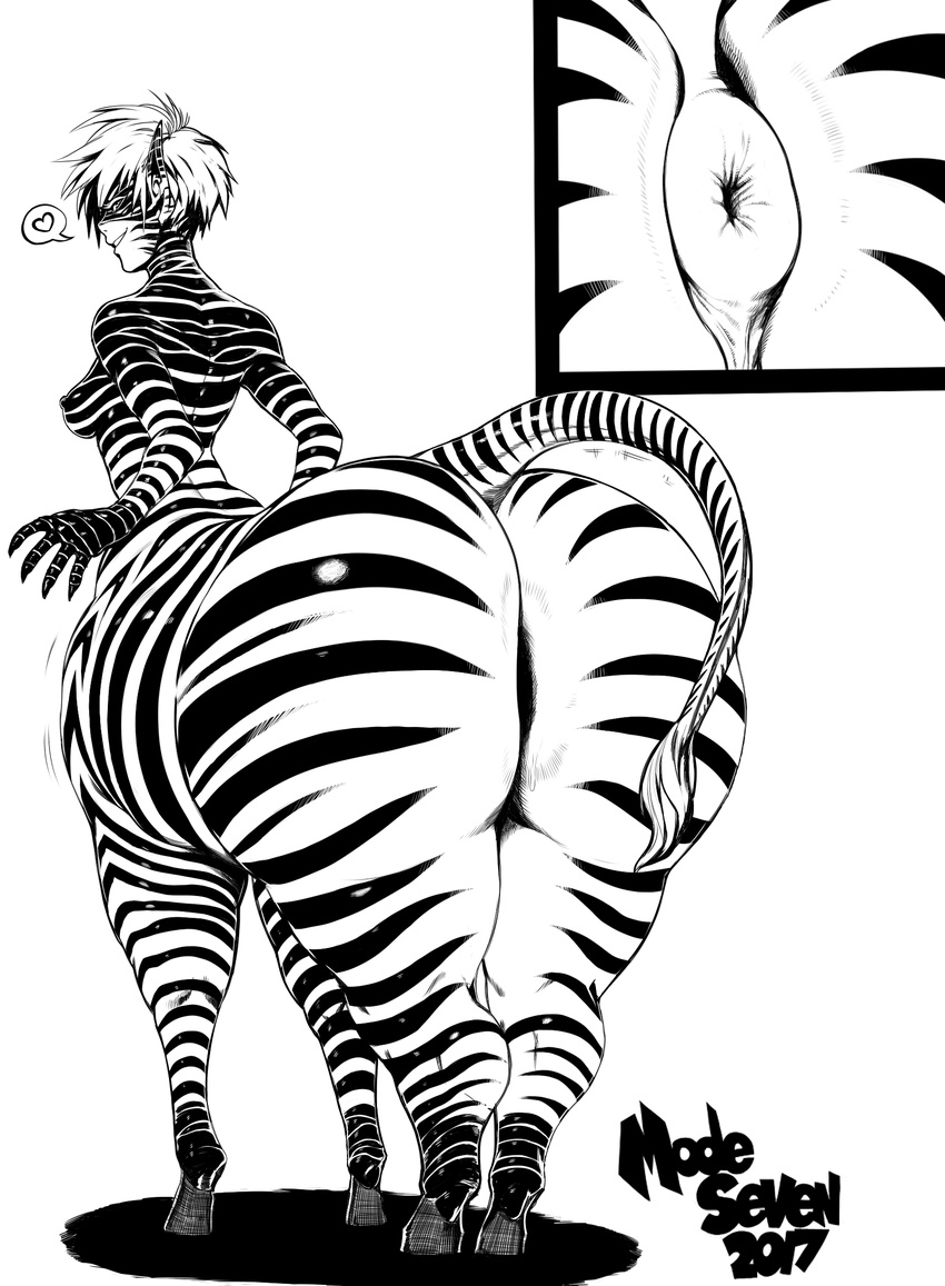 &lt;3 2017 anatomically_correct anatomically_correct_anus anus big_butt breasts butt centaur comic cutaway equine equine_taur erect_nipples eyelashes female grin hair hi_res hooves huge_butt larger_female line_art lips looking_back mammal modeseven nipples nude pointy_ears presenting presenting_hindquarters puffy_anus short_hair simple_background size_difference smile solo speech_bubble striped_skin stripes taur teeth white_background zebra