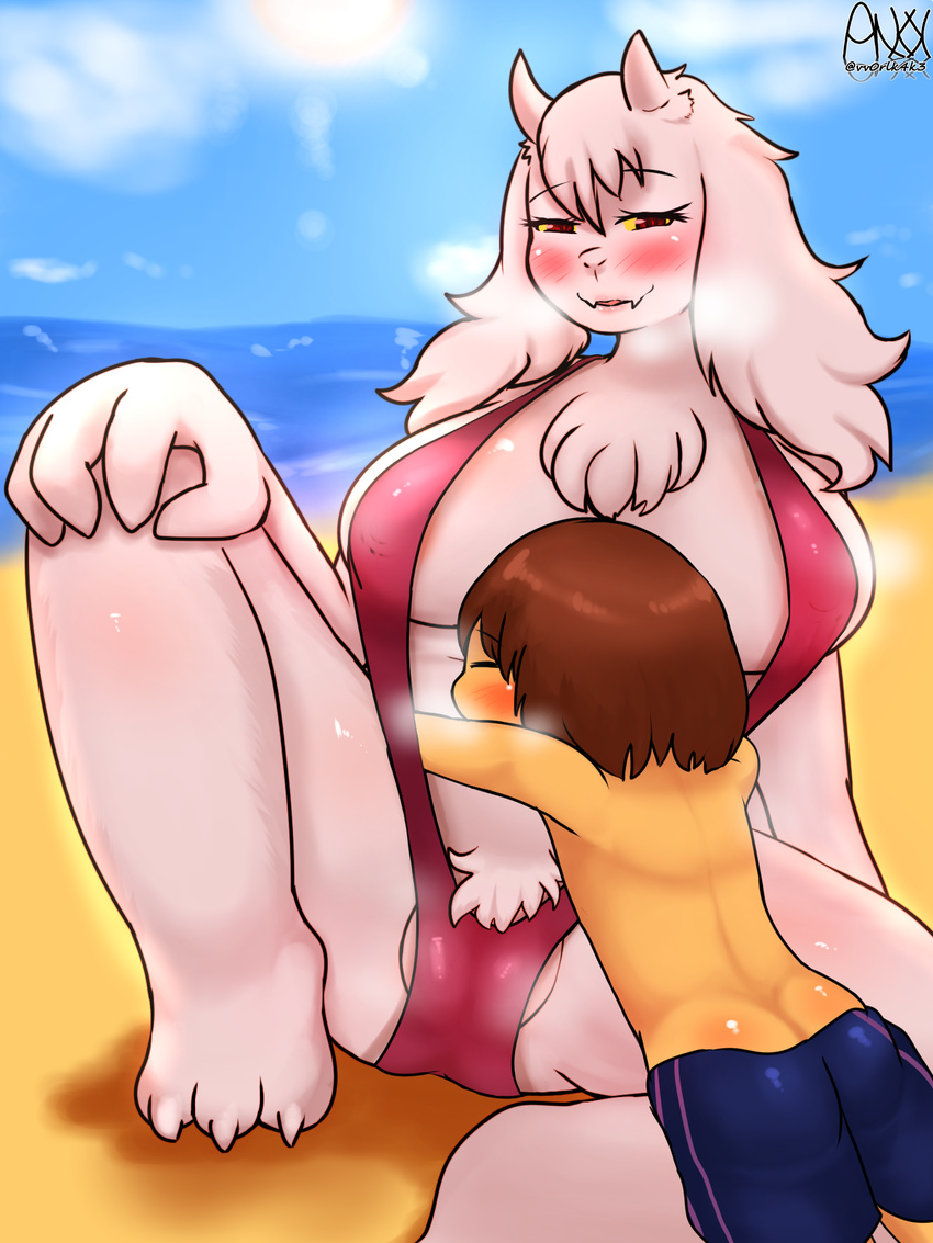 alternate_universe bikini boss_monster caprine clothing goat human mammal protagonist_(undertale) sling_bikini swimsuit toriel underfell undertale video_games wonkake