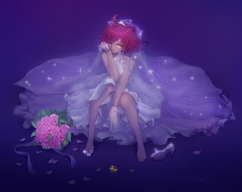 ahoge blood bouquet dress flower glass_slipper gloves gloves_removed high_heels looking_at_viewer original petals pink_hair rrose shoe_removed shoes single_shoe sitting sparkle starry_sky_print veil white_dress white_gloves yellow_eyes