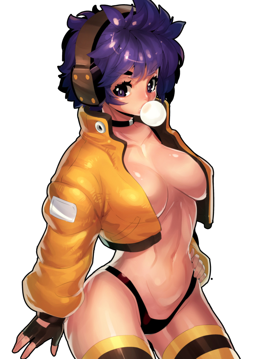 absurdres breasts chewing_gum choker collarbone copyright_request curly_hair fengmo fingerless_gloves gloves headphones highres jacket looking_at_viewer medium_breasts purple_hair simple_background solo white_background