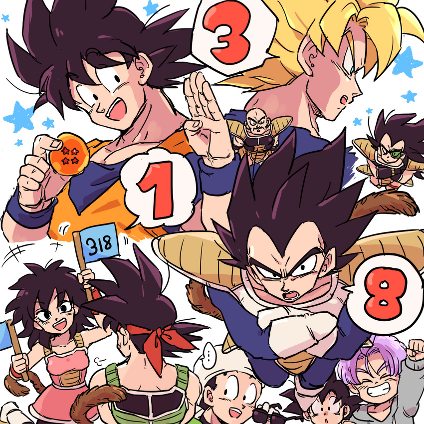 1girl 6+boys :d :o =3 aqua_eyes armor bandana bardock black_eyes black_hair blue_eyes brothers clenched_hand closed_eyes crossed_arms dougi dragon_ball dragon_ball_(object) dragon_ball_z eyebrows_visible_through_hair facing_away father_and_son flag frown gine gloves grandfather_and_grandson grandmother_and_grandson grin highres looking_at_viewer mother_and_son multiple_boys nappa number open_mouth purple_hair raditz salute short_hair siblings simple_background smile son_gohan son_gokuu son_goten speech_bubble spiked_hair star sunglasses super_saiyan tail tkgsize trunks_(dragon_ball) vegeta white_background wristband