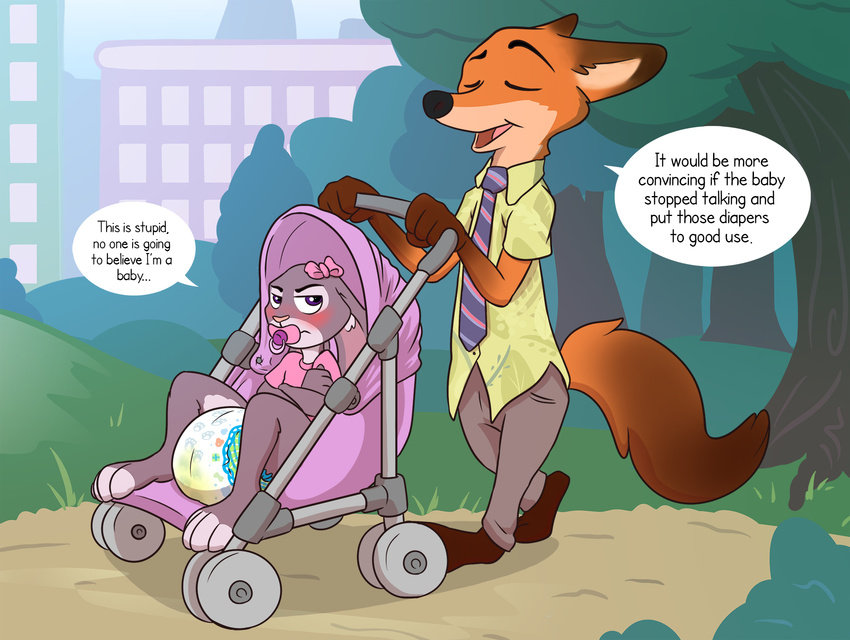 anthro blush canine clothed clothing dialogue diaper disney duo english_text eyes_closed female fox hi_res judy_hopps lagomorph male mammal necktie nick_wilde outside pacifier rabbit shirt story story_in_description stroller sylph-space text wet_diaper zootopia