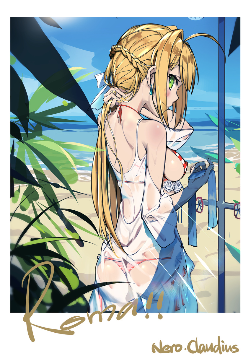 ahoge alternate_hairstyle ass back bangs bare_arms bare_shoulders bikini blonde_hair blue_sky blush breasts character_name closed_mouth cloud cloudy_sky commentary_request covered_nipples cowboy_shot day earrings eyebrows_visible_through_hair eyelashes fate/extra fate/grand_order fate_(series) from_behind glint green_eyes hair_down hair_intakes halter_top halterneck hand_in_hair hands_up highres jewelry legs_together long_hair looking_at_viewer looking_back lu" medium_breasts nape nero_claudius_(fate)_(all) nero_claudius_(swimsuit_caster)_(fate) ocean outdoors profile see-through shoulder_blades side-tie_bikini sideboob sidelocks sky smile solo standing striped striped_bikini swimsuit thigh_gap water