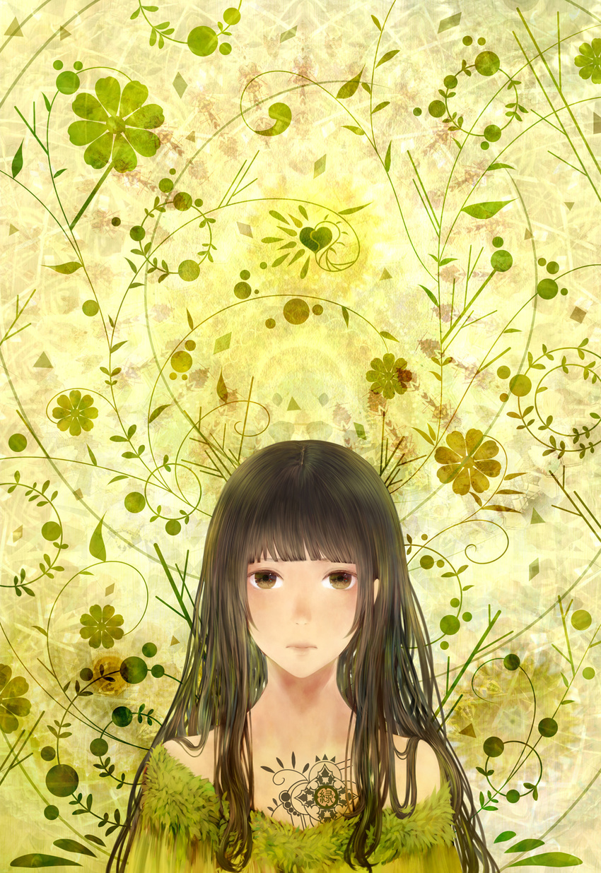 bangs blunt_bangs brown_eyes brown_hair chest_tattoo closed_mouth commentary_request dress eyes floral_background green green_dress highres long_hair looking_at_viewer off_shoulder original sakimori_(hououbds) solo tattoo