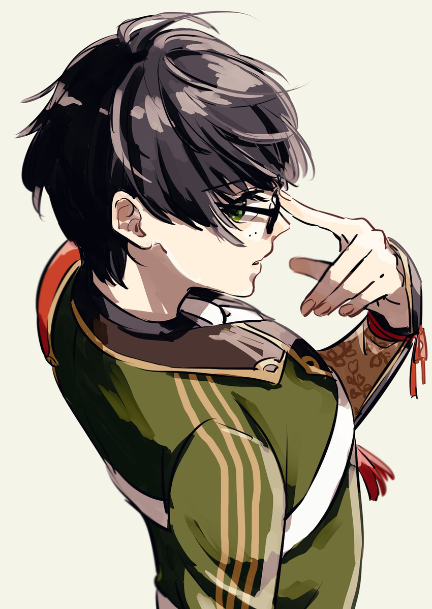 adjusting_eyewear black_hair glasses green_eyes grey_background highres kotegiri_gou looking_at_viewer male_focus mole mole_under_eye parted_lips sayuri_(konpeiitou) simple_background solo touken_ranbu upper_body