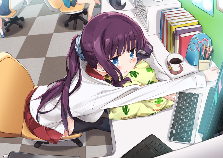 black_legwear blue_eyes blue_scrunchie blush breasts cactus chair checkered checkered_floor commentary_request eyebrows_visible_through_hair fisheye hair_ornament hair_scrunchie highres indoors jitome keyboard keyboard_(computer) large_breasts leaning_forward long_hair long_sleeves looking_at_viewer mousou_(mousou_temporary) multiple_girls new_game! pillow ponytail print_pillow purple_hair scrunchie sitting skirt sleepy solo_focus swivel_chair takimoto_hifumi thighhighs