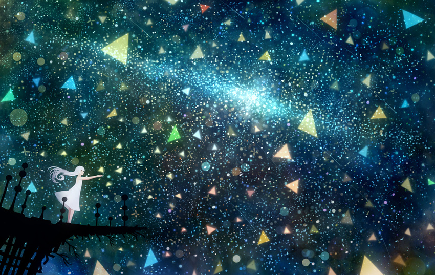 blue_sky commentary_request dress fantasy floating_hair long_hair original outstretched_arms sakimori_(hououbds) scenery sky solo standing star_(sky) starry_sky white_dress white_hair