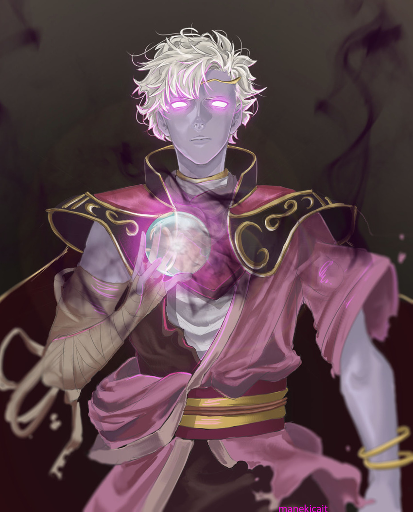 bandages black_background boey_(fire_emblem) dark_persona fire_emblem fire_emblem_echoes:_mou_hitori_no_eiyuuou fire_emblem_gaiden glowing glowing_eyes highres male_focus purple_skin simple_background undead white_hair