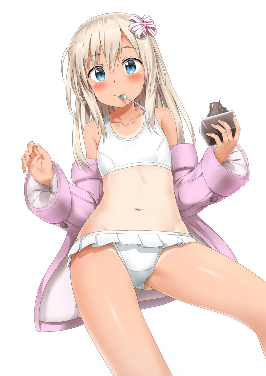 absurdres ass_visible_through_thighs bare_legs bikini blonde_hair blue_eyes blush bow bowtie collarbone food groin hair_between_eyes hair_ribbon highres ice_cream jacket kantai_collection long_hair looking_at_viewer navel nedia_(nedia_region) nontraditional_school_swimsuit one-piece_tan pink_jacket ribbon ro-500_(kantai_collection) school_swimsuit simple_background solo spoon spoon_in_mouth sprinkles swimsuit tan tanline white_background white_school_swimsuit white_swimsuit