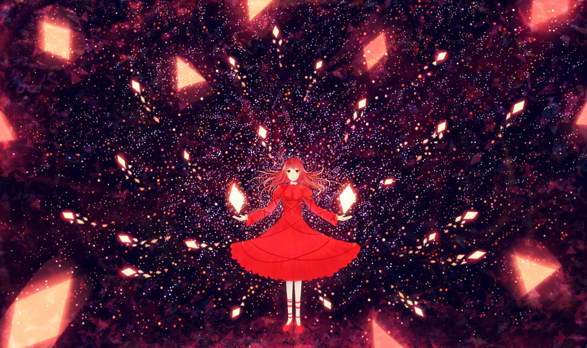 absurdres black_hair commentary_request crystal dress highres long_hair long_sleeves looking_at_viewer magic original red_dress red_hair sakimori_(hououbds) scenery shoes sky solo standing star_(sky) starry_sky wide_sleeves
