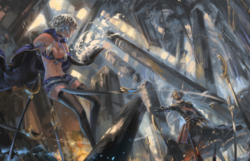 altair_(re:creators) alternate_skin_color arm_at_side battle black_gloves black_legwear book breasts cape cleavage duel gloves hair_ornament hat highres large_breasts meteora_osterreich meteora_osterreich_(delusion) midriff multiple_girls open_book outdoors outstretched_arm planted_sword planted_weapon re:creators shako_cap short_shorts shorts song_ren sword tan weapon white_hair