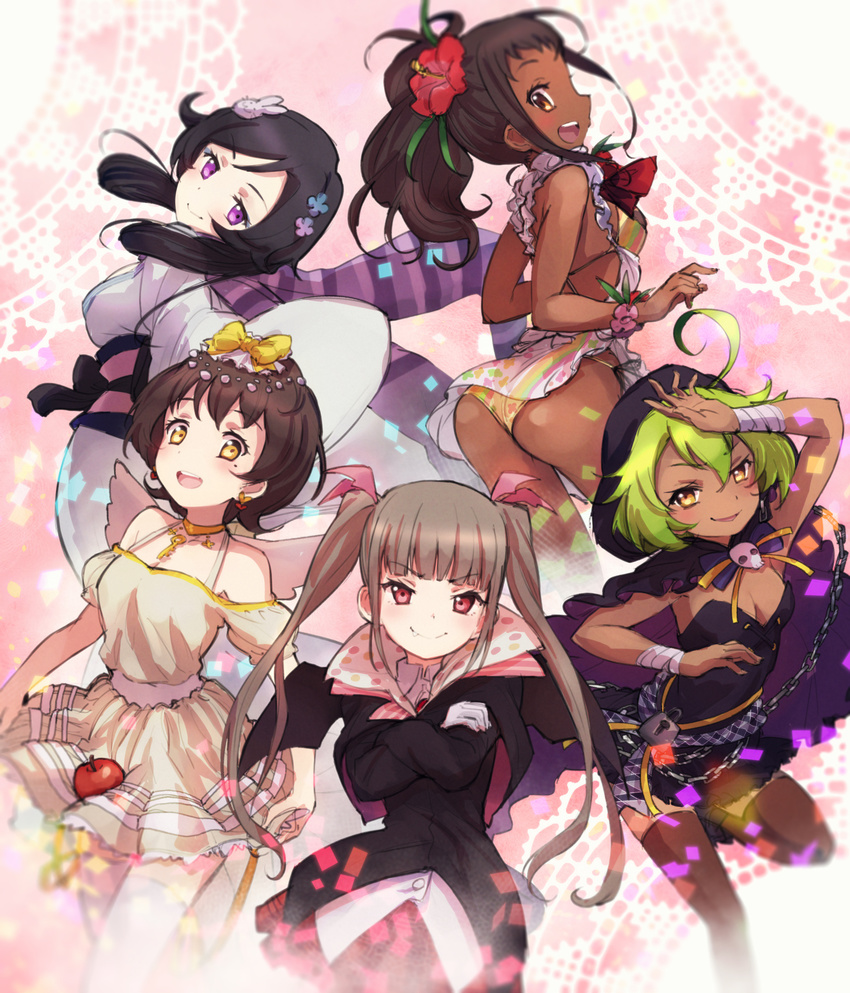 &gt;:) :d absurdres ahoge apple ass black_hair bow breasts brown_hair bunny_hair_ornament cape cleavage commentary_request crossed_arms dark_skin dress fang fang_out fantasista_doll flower food fruit green_hair hair_bow hair_flower hair_ornament highres japanese_clothes kimono lock medium_breasts mole mole_under_eye multiple_girls nyama obi off-shoulder_dress off_shoulder open_mouth profile purple_eyes red_eyes sash skirt_basket skull small_breasts smile twintails v-shaped_eyebrows