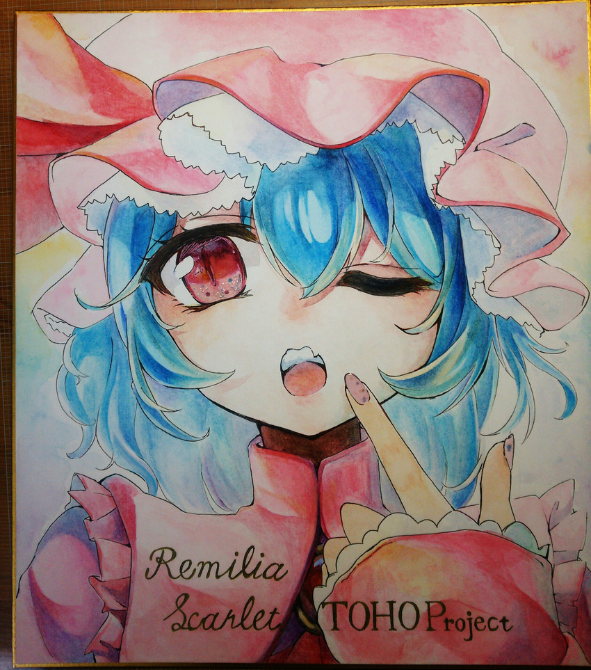 absurdres blue_hair character_name dress fang finger_to_mouth hat highres medium_request mob_cap nail_polish niri photo pink_nails red_eyes remilia_scarlet shikishi slit_pupils solo teeth touhou traditional_media