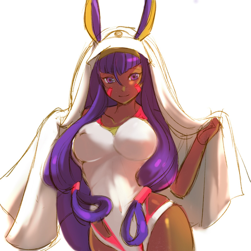 awatark breasts fate/grand_order fate_(series) highres hips hood large_breasts long_hair medjed nitocris_(fate/grand_order) nitocris_(swimsuit_assassin)_(fate) purple_eyes purple_hair simple_background smile solo thighs wide_hips