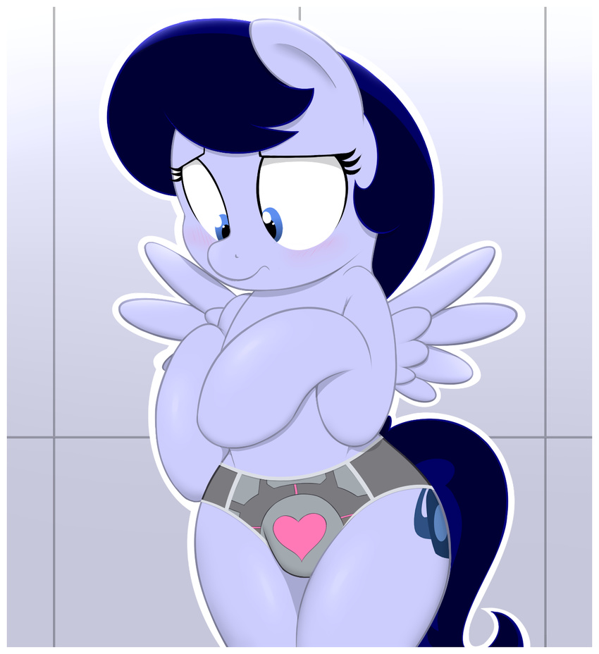 &lt;3 2014 acstlu anthro blue_eyes blue_hair blush clothing crossover cutie_mark embarrassed equine fan_character feathered_wings feathers female frown fur grey_fur hair hi_res mammal my_little_pony panties pegasus portal portal_(series) solo standing underwear valve video_games weighted_companion_cube wings