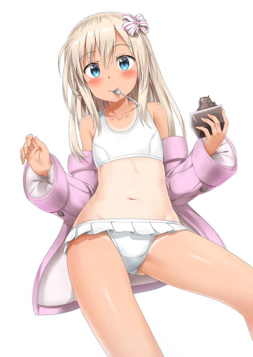 absurdres bare_legs bikini blonde_hair blue_eyes blush collarbone food groin hair_between_eyes hair_ribbon highres ice_cream kantai_collection long_hair looking_at_viewer mouth_hold navel nedia_(nedia_region) nontraditional_school_swimsuit one-piece_tan ribbon ro-500_(kantai_collection) school_swimsuit simple_background solo spoon sprinkles swimsuit tan tanline white_background white_bikini