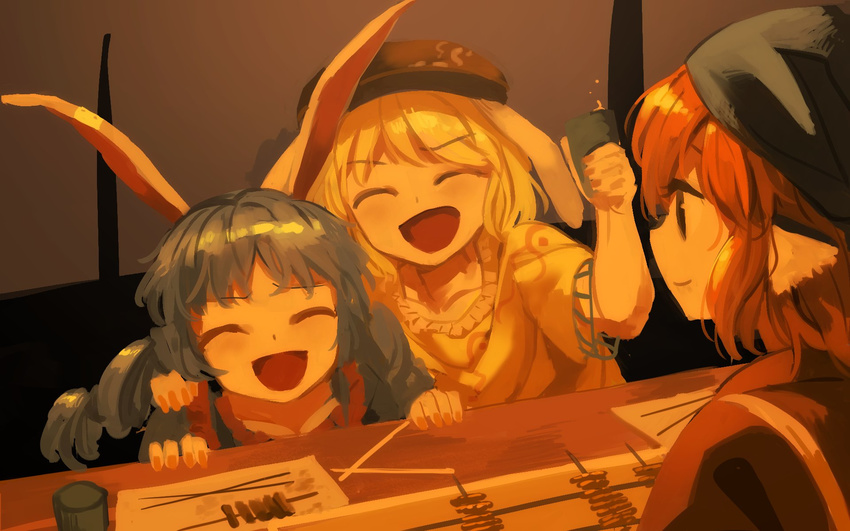 animal_ears bangs bird_ears blonde_hair blue_dress blue_hair braid brown_hat bunny_ears chopsticks closed_eyes cup dress ears_down food hand_on_another's_shoulder happy hat head_scarf highres holding holding_chopsticks holding_cup light looking_at_another multiple_girls mystia_lorelei night okamisty open_mouth pink_hair ringo_(touhou) seiran_(touhou) shiny shiny_hair shirt short_hair smile suna_(s73d) table touhou twin_braids yellow_shirt