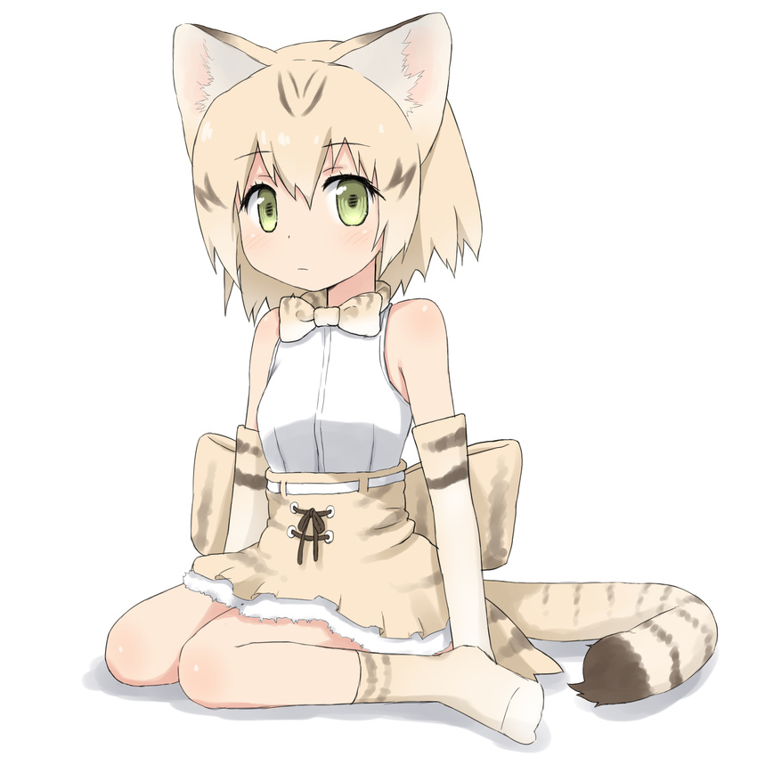 animal_ears blonde_hair bow bowtie closed_mouth elbow_gloves gloves green_eyes high-waist_skirt highres kemono_friends sand_cat_(kemono_friends) sand_cat_print short_hair sitting skirt sleeveless solo tail wariza white_background yakihebi