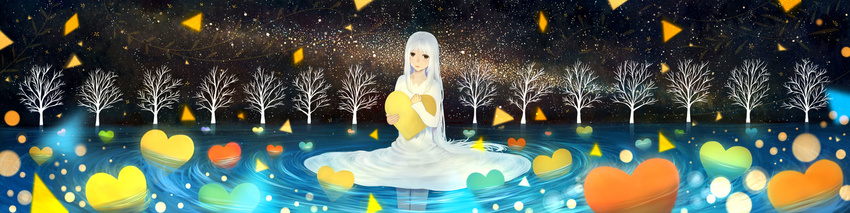 black_eyes closed_mouth commentary_request dress heart highres holding long_hair long_image long_sleeves looking_at_viewer milky_way original sakimori_(hououbds) scenery sky solo space star_(sky) starry_sky tree very_long_hair wading water white_dress white_hair wide_image