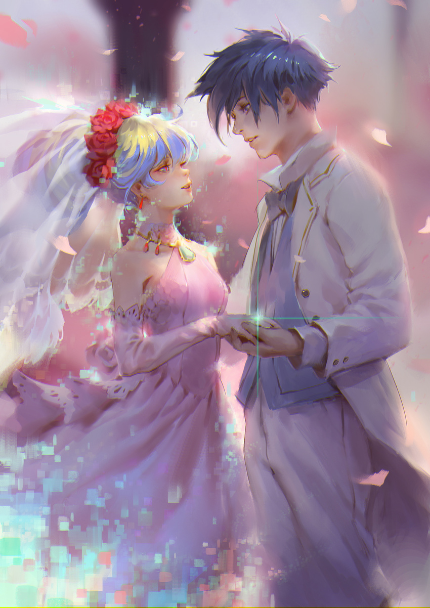 1girl bare_shoulders blue_eyes blue_hair blurry blurry_background breasts bridal_gauntlets bridal_veil cherry_blossoms commentary dress earrings elbow_gloves feet_out_of_frame flower formal gloves hand_on_another's_hand head_wreath highres holding_hands jewelry lips long_hair long_sleeves looking_at_another medium_breasts necklace nia_teppelin pants parted_lips pink_dress pink_wedding_dress qmo_(chalsoma) red_pupils ring rose silver_hair simon suit symbol-shaped_pupils tengen_toppa_gurren_lagann veil wedding_band wedding_dress white_pants white_suit