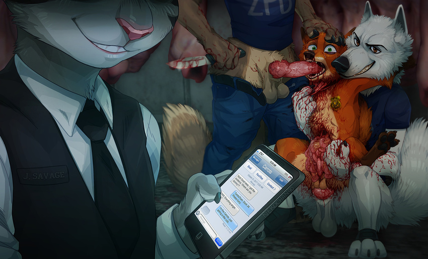 anal anal_penetration animal_genitalia animal_penis balls blood canine canine_penis crying disembowelment disney fellatio forced fox gore knife knot male male/male mammal nekochan90 nick_wilde oral penetration penis rape sex tears wolf zootopia