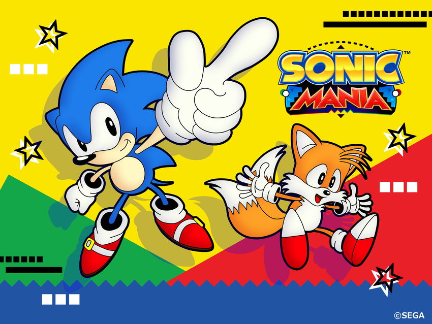 absurdres black_eyes commentary furry gloves highres multiple_boys official_art ooshima_naoto pointing pointing_up sega sonic sonic_mania sonic_the_hedgehog tails_(sonic) white_gloves
