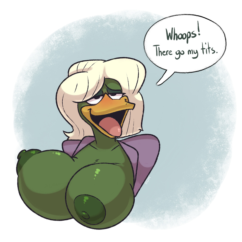 anthro avian big_breasts bird blonde_hair breasts clothed clothing duck ducktales english_text female hair huge_breasts komponi looking_at_viewer nipples open_mouth open_shirt smile solo text tongue tongue_out