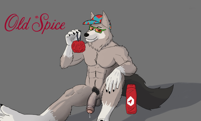 anthro canine daveyote half-erect hat humanoid_penis male mammal mascot muscular muscular_male old_spice penis precum simple_background solo uncut wolf wolfthorn_(old_spice)