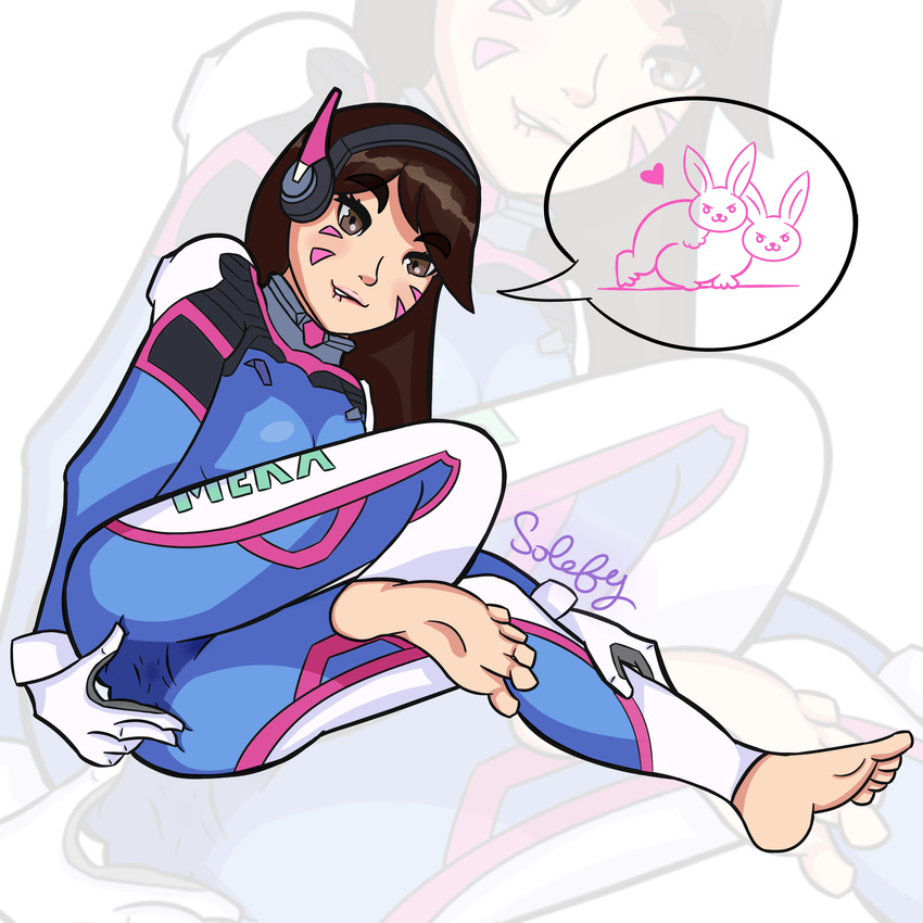 anus ass bodysuit breasts brown_eyes brown_hair bunny d.va d.va_(overwatch) face_paint feet gloves hana_song headset leggings lip_biting naughty_face navel nipples overwatch pussy sexually_suggestive solefy soles speech_bubble spread_anus spread_anus_under_clothes tagme