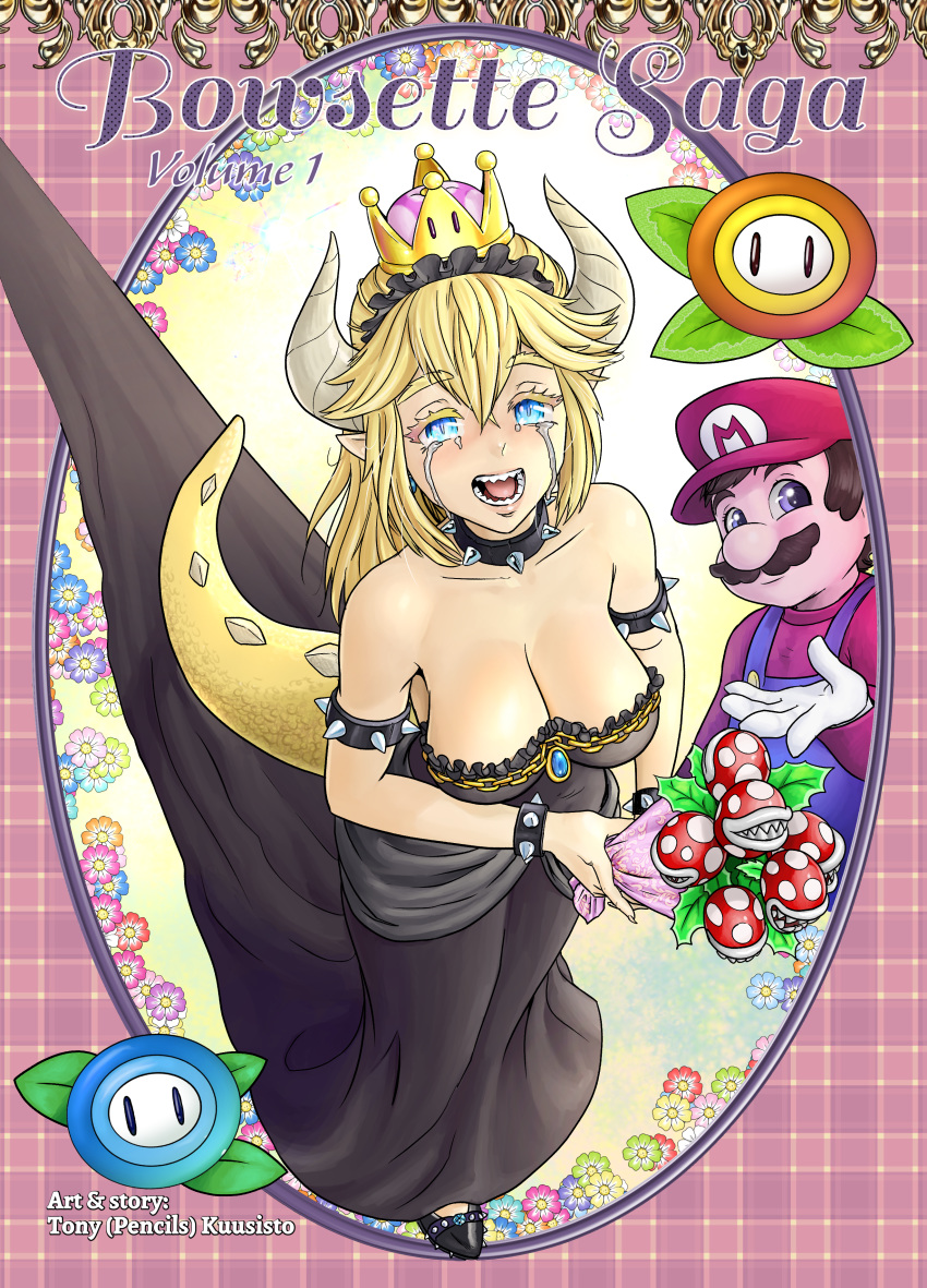 alternate_species big_breasts bowser bowsette_meme breasts cleavage clothed clothing collar crossgender female fire_flower flora_fauna humanoid koopa male mario mario_bros nintendo pencils_(artist) piranha_plant plant scalie spiked_collar spikes super_crown tears video_games