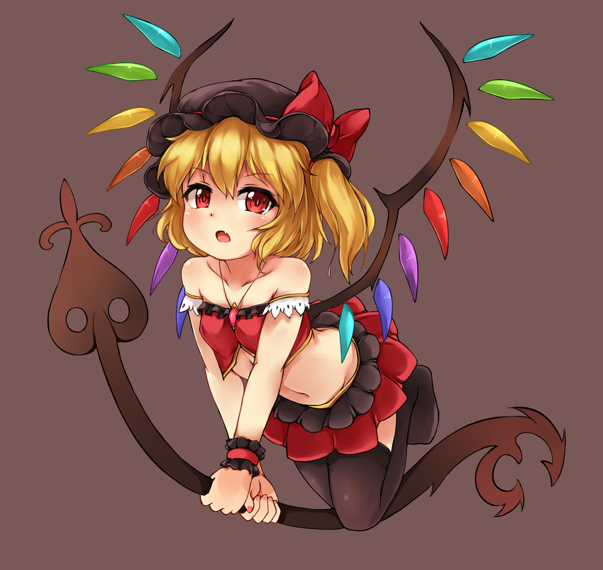 alternate_costume bare_shoulders between_breasts black_hat black_legwear blonde_hair breasts brown_background bushi_(1622035441) fang flandre_scarlet full_body hat hat_ribbon highres holding holding_weapon jewelry laevatein looking_at_viewer miniskirt mob_cap navel necklace pleated_skirt red_eyes red_ribbon red_skirt ribbon simple_background skirt small_breasts solo stomach thighhighs touhou weapon wings wrist_cuffs