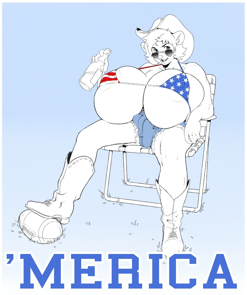 anthro big_breasts bikini boosterpang breasts clothing cowboy_hat dickgirl hat huge_breasts hyper hyper_breasts intersex jamie_(boosterpang) looking_at_viewer mammal mustelid nipple_bulge sitting solo swimsuit tight_clothing united_states_of_america